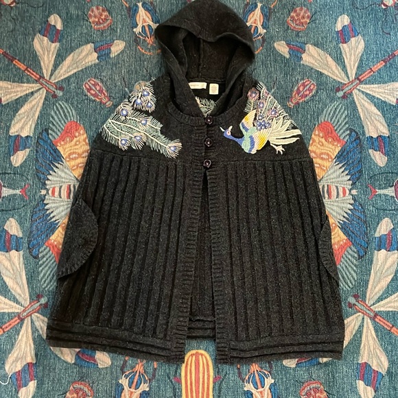 Anthropologie Sweaters - Rare vintage Anthropologie Sleeping on Snow wool  embroidered peacock cape S/M